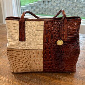 Brahmin Two-Tone Croc-Embossed Leather Tote – Cognac & Cream